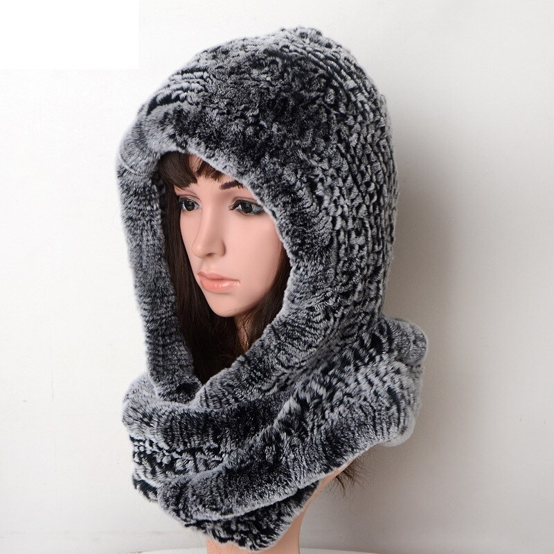 Women's Real Rex Rabbit Fur Hooded Hat Scarf