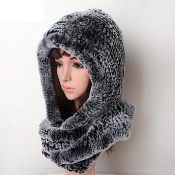 Women's Real Rex Rabbit Fur Hooded Hat Scarf