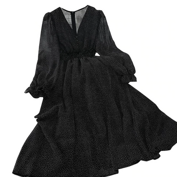 Autumn V Neck Polka Dot Slim Chiffon Mid-calf Dress