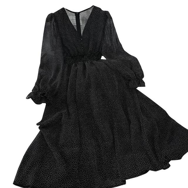 Autumn V Neck Polka Dot Slim Chiffon Mid-calf Dress