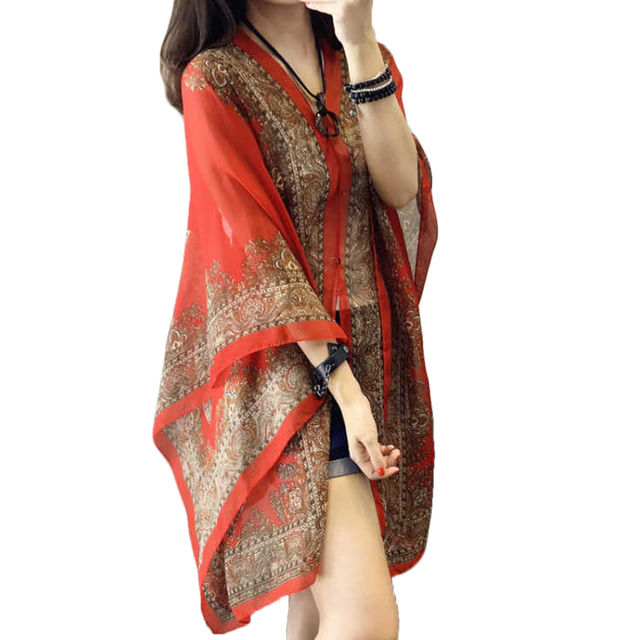 Autumn Summer Woman Chiffon Flower Shawl Cover Ups Long Sleeve Shirts