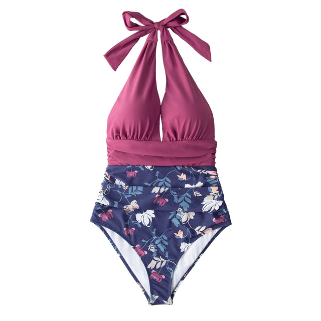 Navy floral V-neck halter swimsuit backless monokini