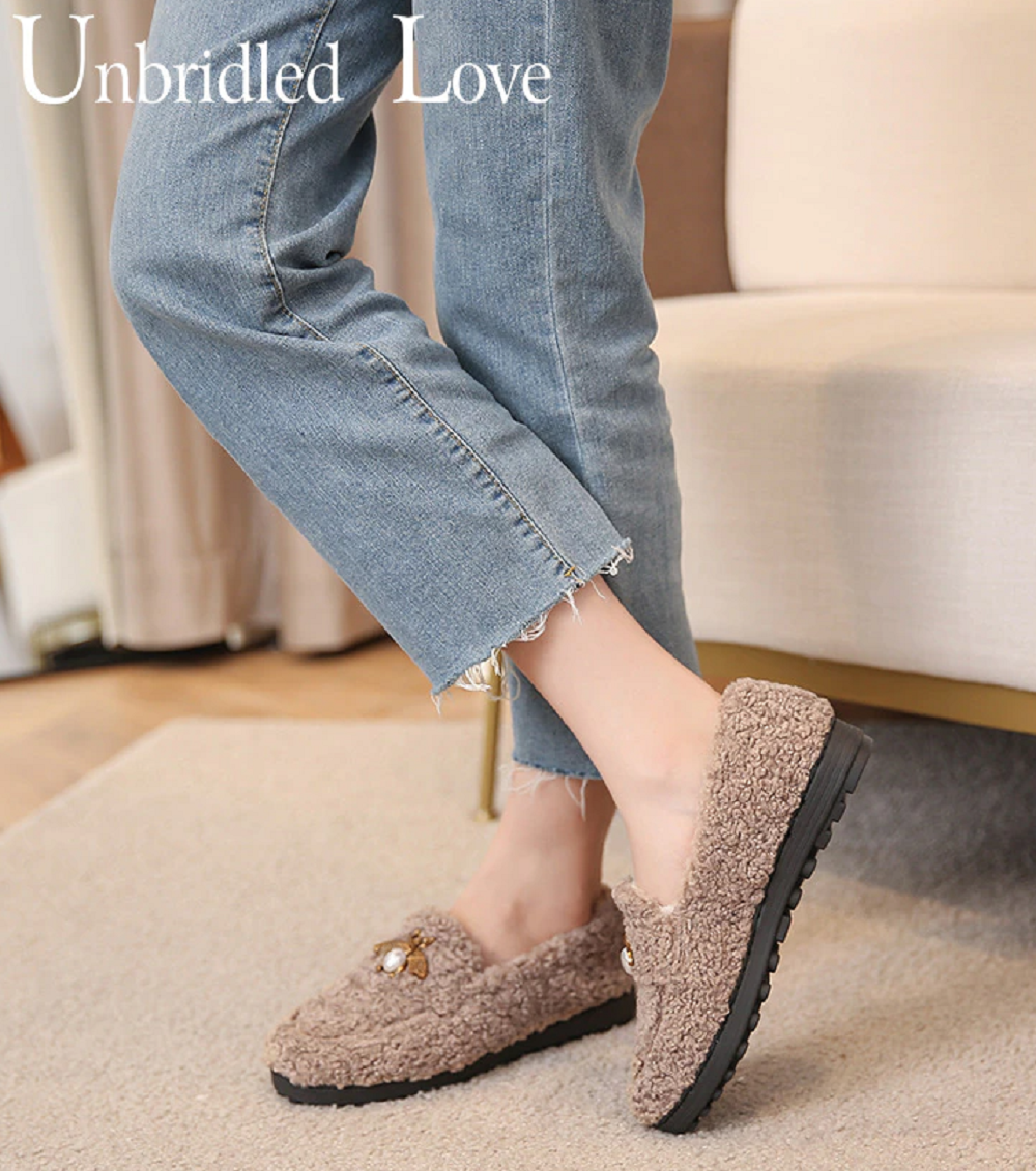 Women's winter plush shoes wear non slip warm flat loafer
