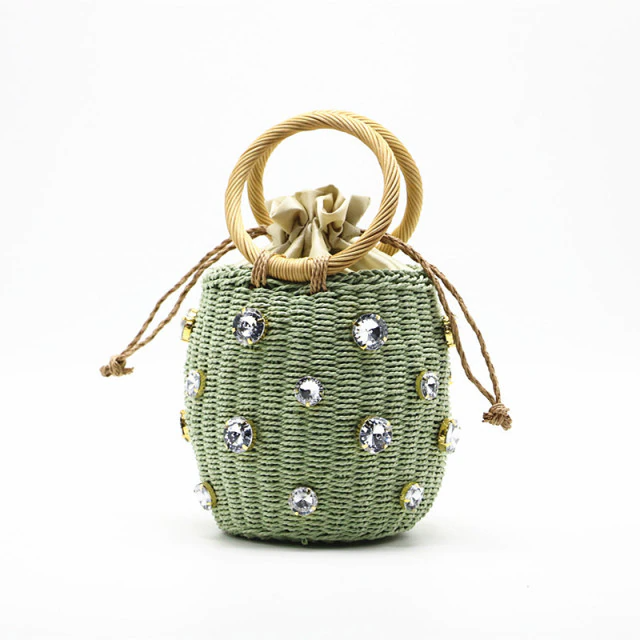 Handmade rhinestone crystal embellished small straw bucket bags