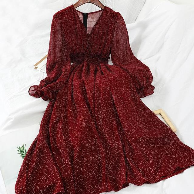 Autumn V Neck Polka Dot Slim Chiffon Mid-calf Dress