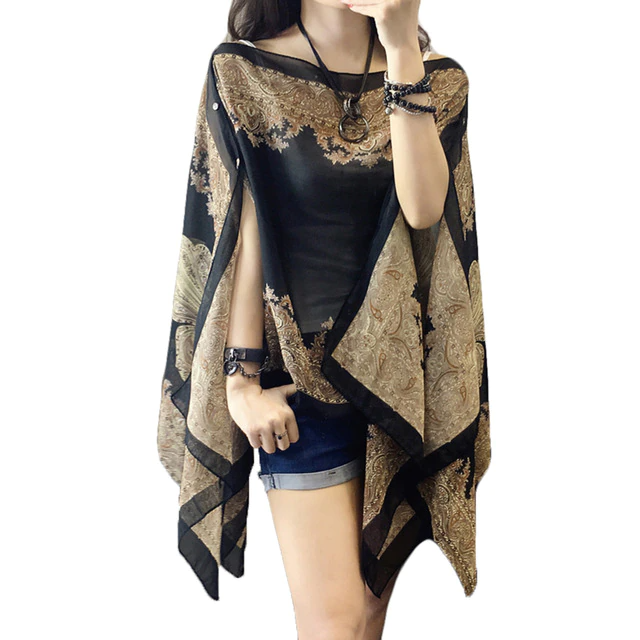 Autumn Summer Woman Chiffon Flower Shawl Cover Ups Long Sleeve Shirts