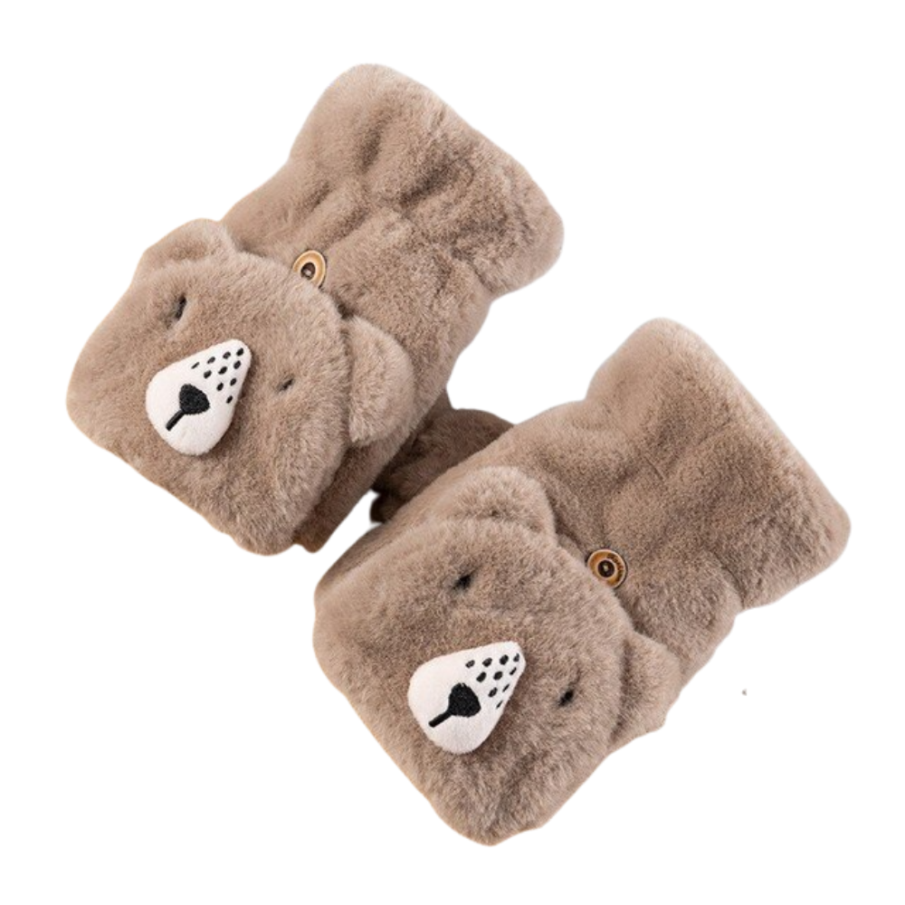 Women's cute bear fur mittens winter gloves