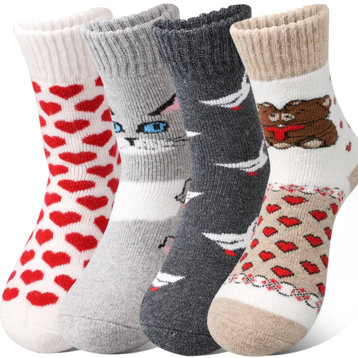 Women’s 4 Pairs Crew Socks – Bear and Heart Print Plush Knit Winter Comfort