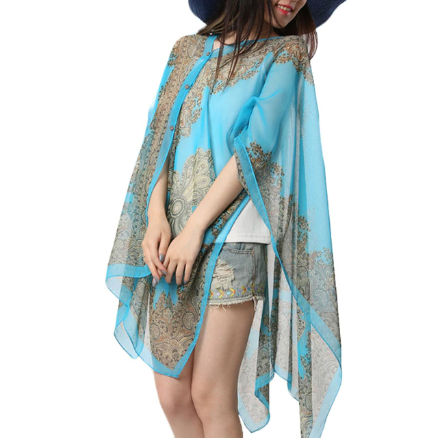 Autumn Summer Woman Chiffon Flower Shawl Cover Ups Long Sleeve Shirts