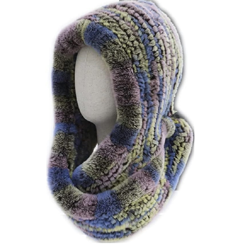 Women's Knitted Rabbit Fur Hat Hooded Scarf Winter Hats
