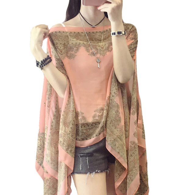 Autumn Summer Woman Chiffon Flower Shawl Cover Ups Long Sleeve Shirts