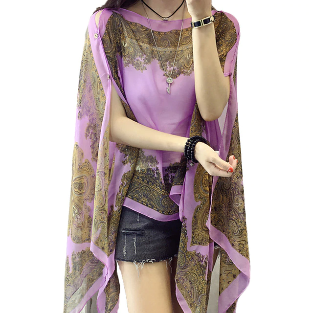 Autumn Summer Woman Chiffon Flower Shawl Cover Ups Long Sleeve Shirts