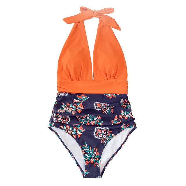 Navy floral V-neck halter swimsuit backless monokini
