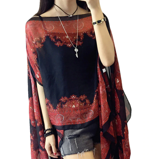 Autumn Summer Woman Chiffon  Flower Shawl Cover Ups Long Sleeve Shirts