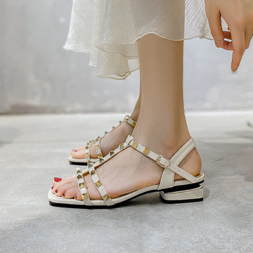 Low heel women's rivets sandals thin ribbon flat shoes comfy