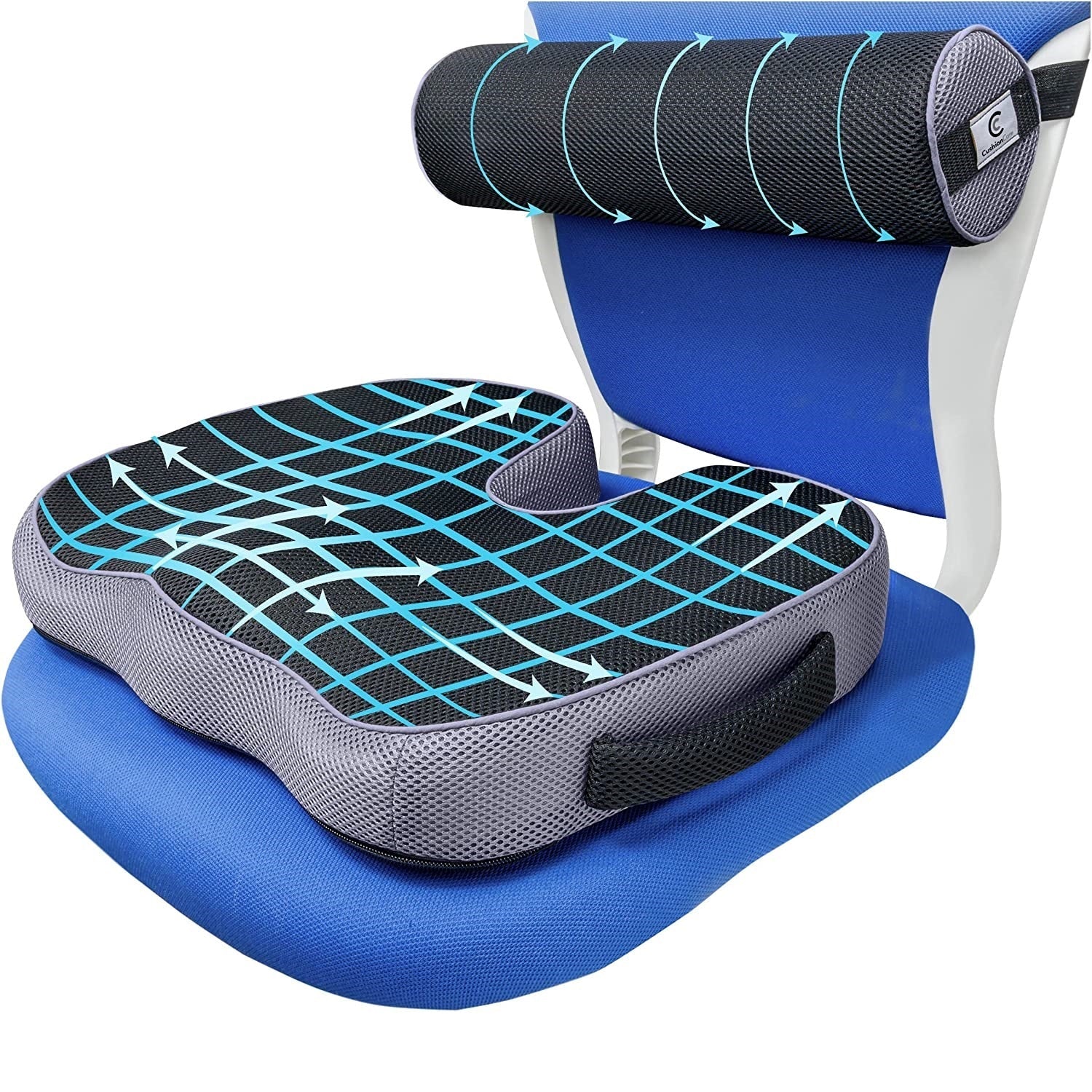 2pc ergonomic seat cushion lumbar roll combo for office chair sciatica relief