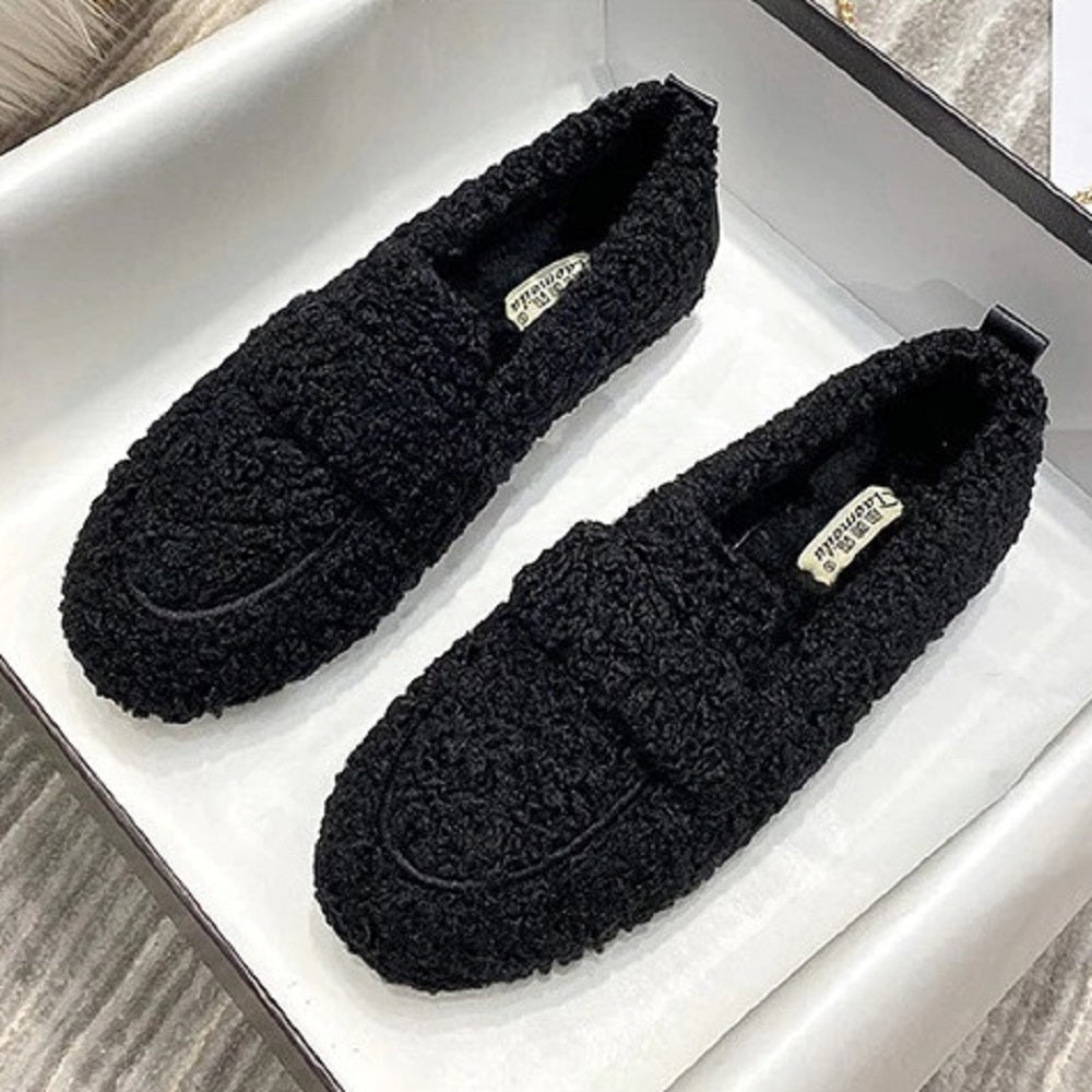 Women's winter plush shoes fashion chain round head warm loafers