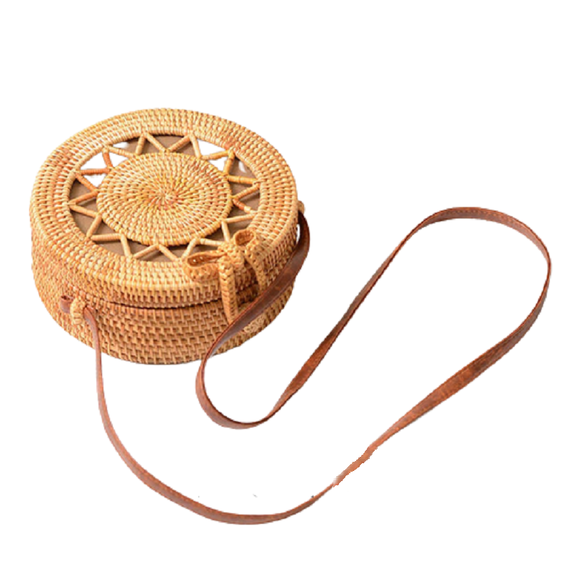 Woven rattan bag round straw shoulder bag