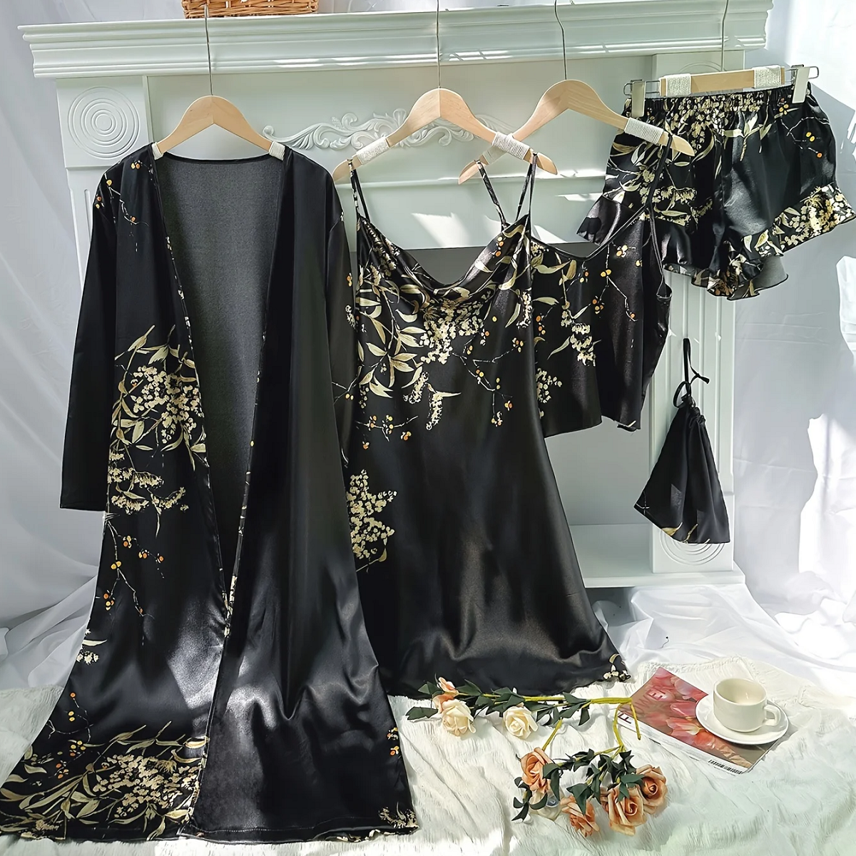 Women's 5 Piece Floral Print Satin Pajama Set