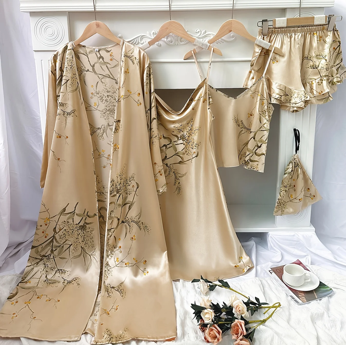 Women's 5 Piece Floral Print Satin Pajama Set