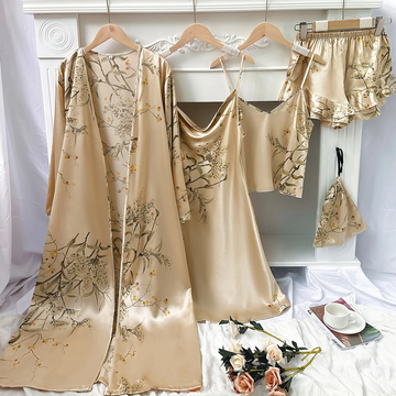 Women's 5 Piece Floral Print Satin Pajama Set