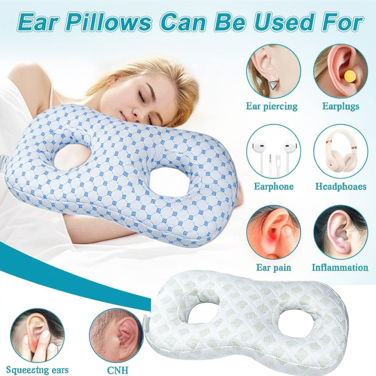 Ear Pillow with Ear Hole – Pressure-Relief Side Sleeping Pillow for Ear Pain and Beauty Care