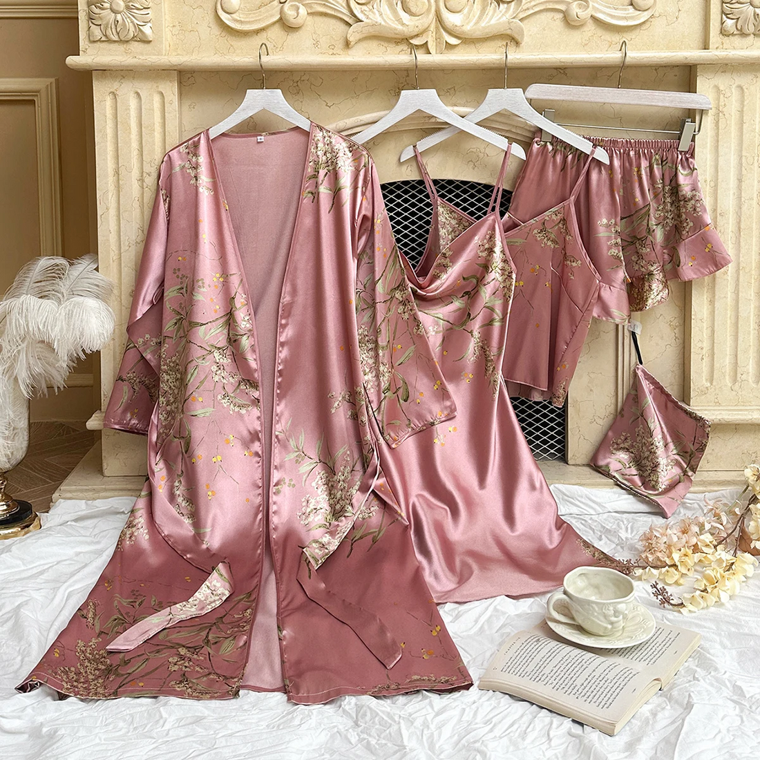 Women's 5 Piece Floral Print Satin Pajama Set