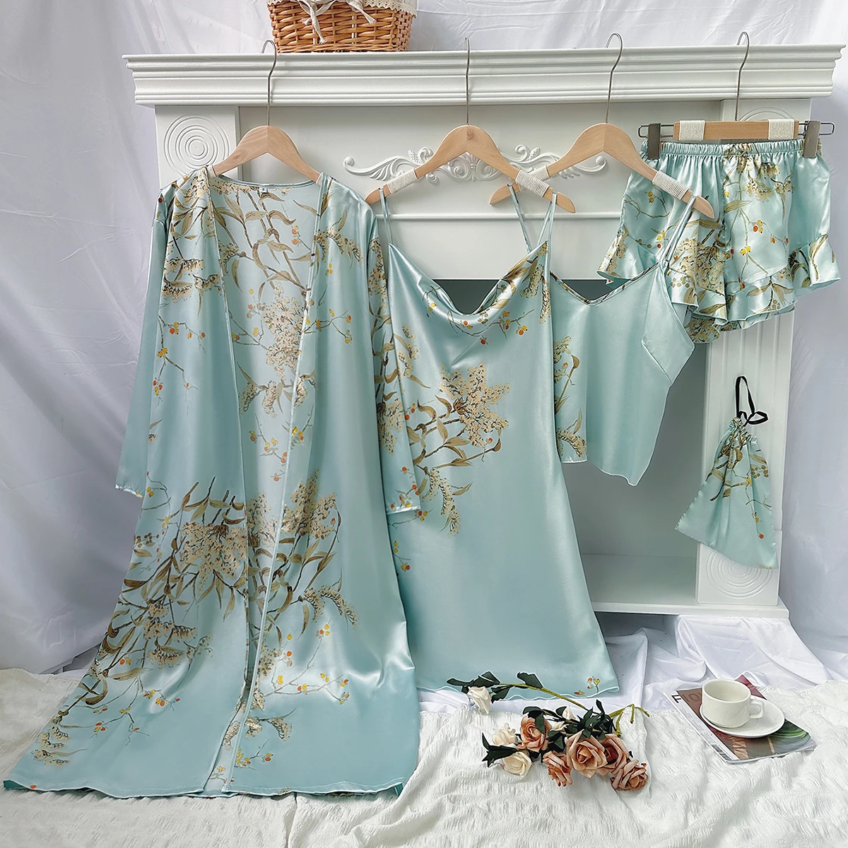 Women's 5 Piece Floral Print Satin Pajama Set