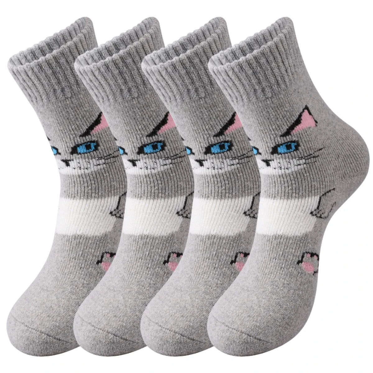 Women’s 4 Pairs Crew Socks – Bear and Heart Print Plush Knit Winter Comfort
