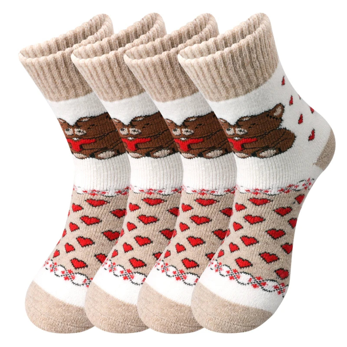 Women’s 4 Pairs Crew Socks – Bear and Heart Print Plush Knit Winter Comfort